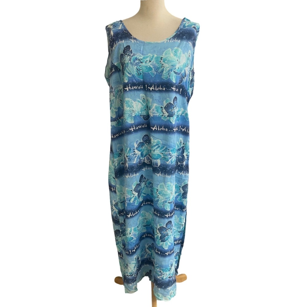 Jams World Womens XL Blue Hawaii Aloha Tropical Floral Rayon Maxi Shift Dress